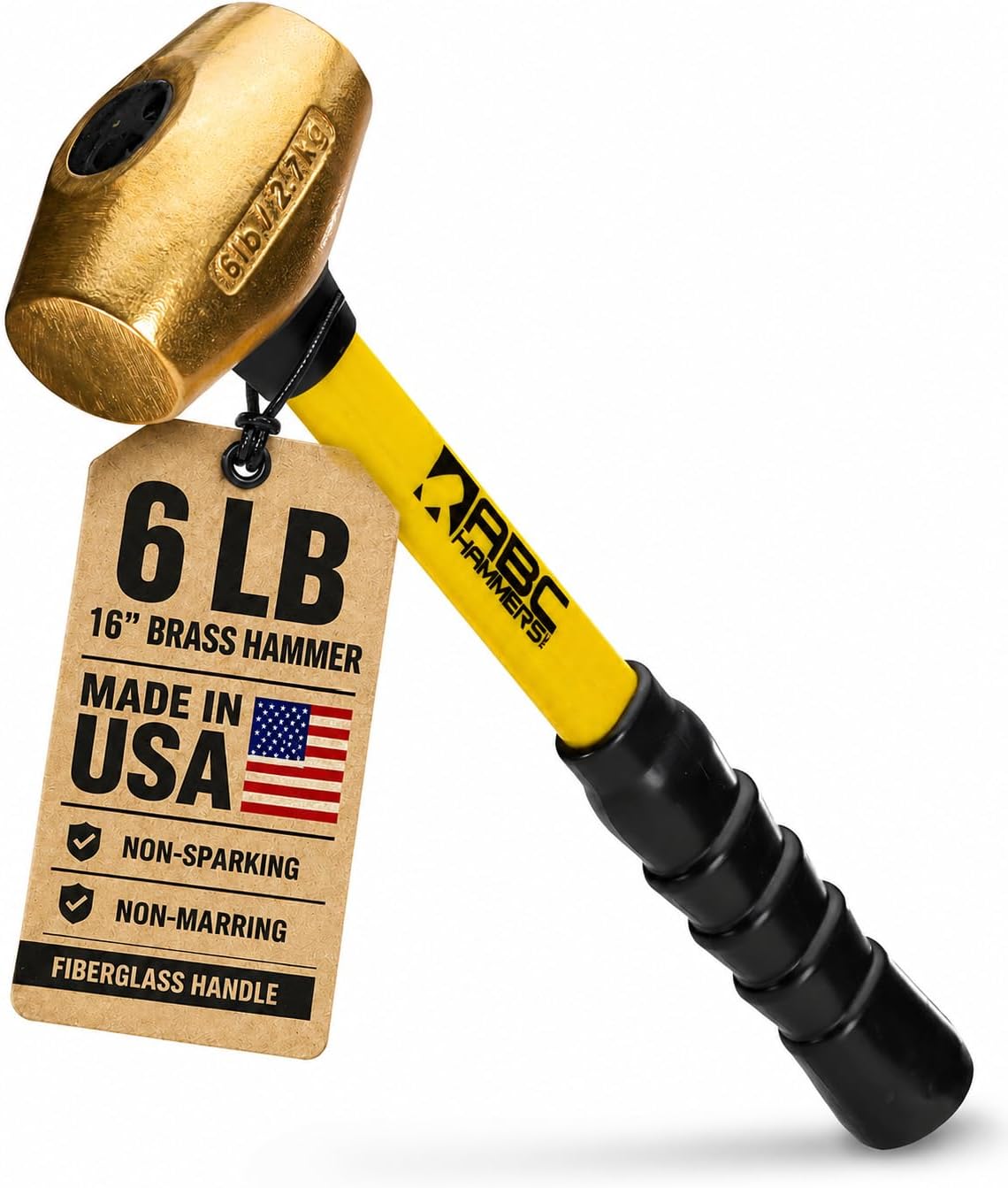 8 lb Brass Sledge Hammer, 16" Length, Fiberglass Handle | USA Made, Non-Sparking, Non-Marring, Automotive And Industrial Work, Double Faced Head