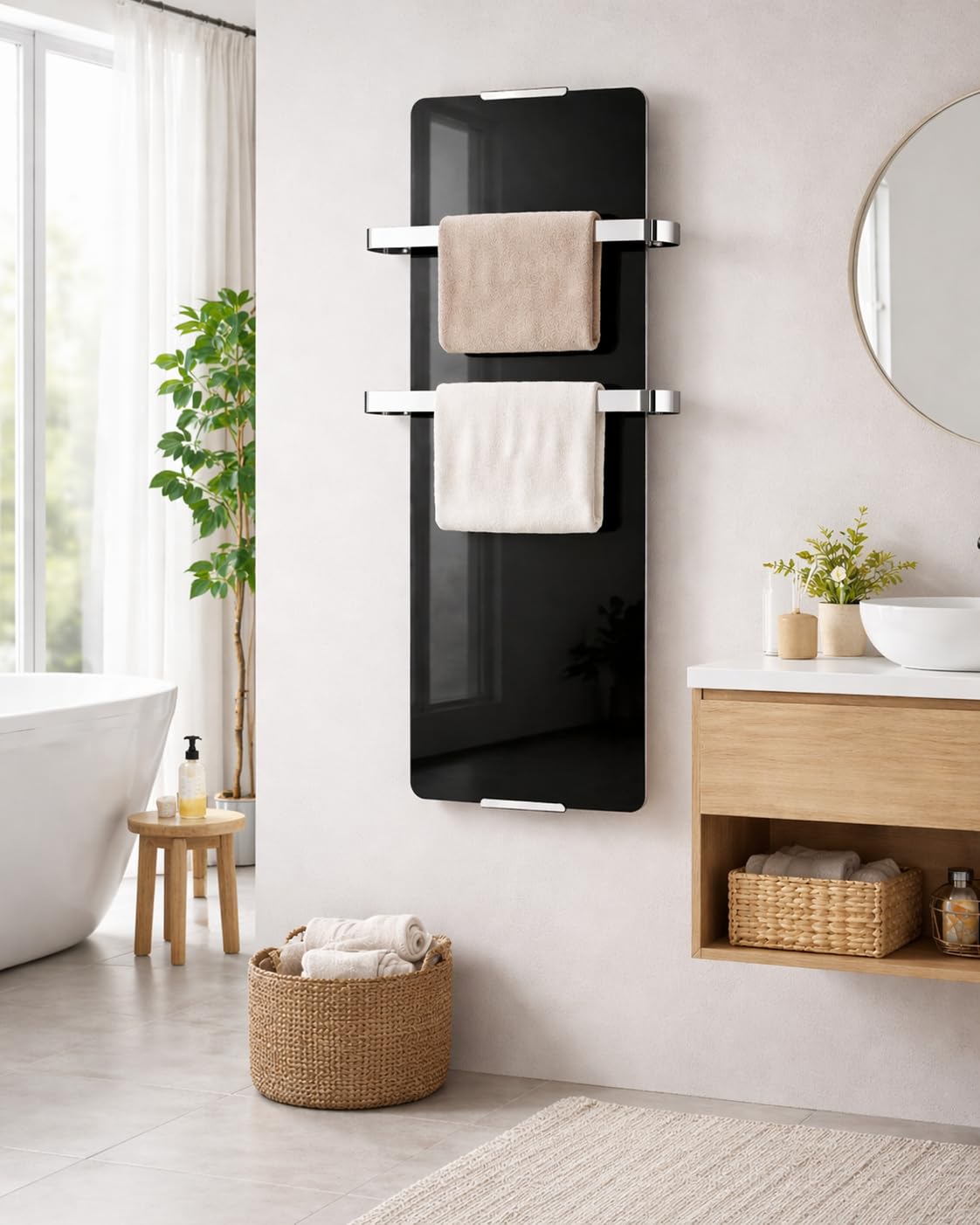 CHEMIN'ARTE Scaldasalviette riscaldato electtrico 1200W - Radiatore verticale - 120 x 6 x 46 cm - IP24 - nero - Design moderno, kit di installazione