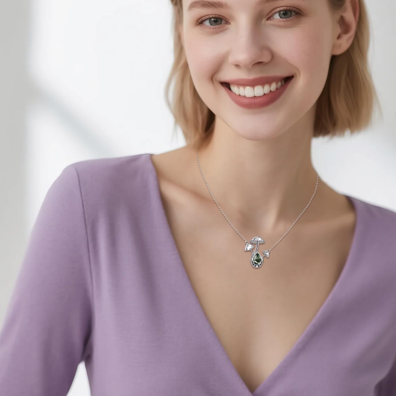 Mushrooms Moon Phase Necklace 925 Sterling Silver Mushrooms Pendant Moss Agate Jewelry for Women - Image 2
