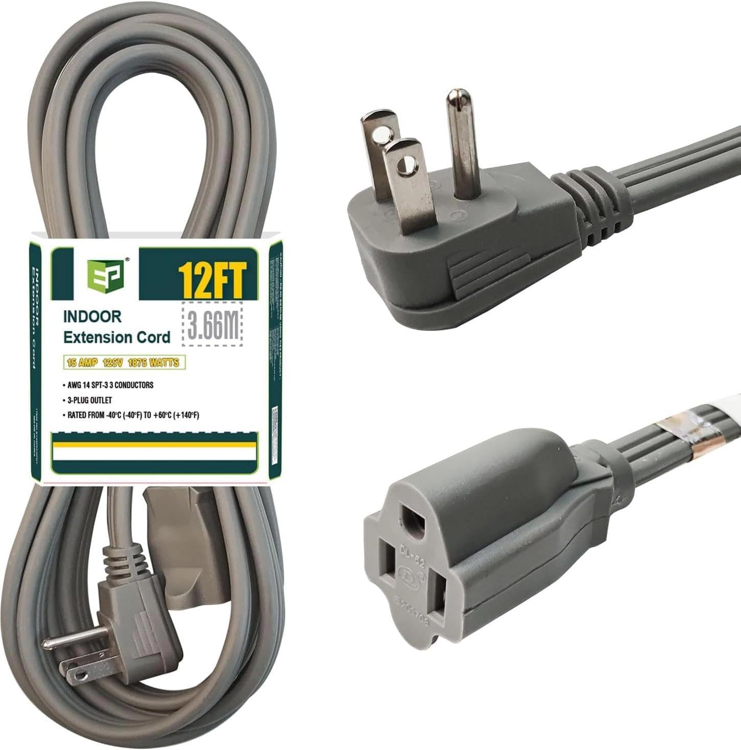 EP - Cable de extensión para electrodomésticos de alta resistencia de 12 pies, calibre 14, cable SPT-3, ideal para acondicionadores de aire, refrigeradores y electrodomésticos, uso en interiores,