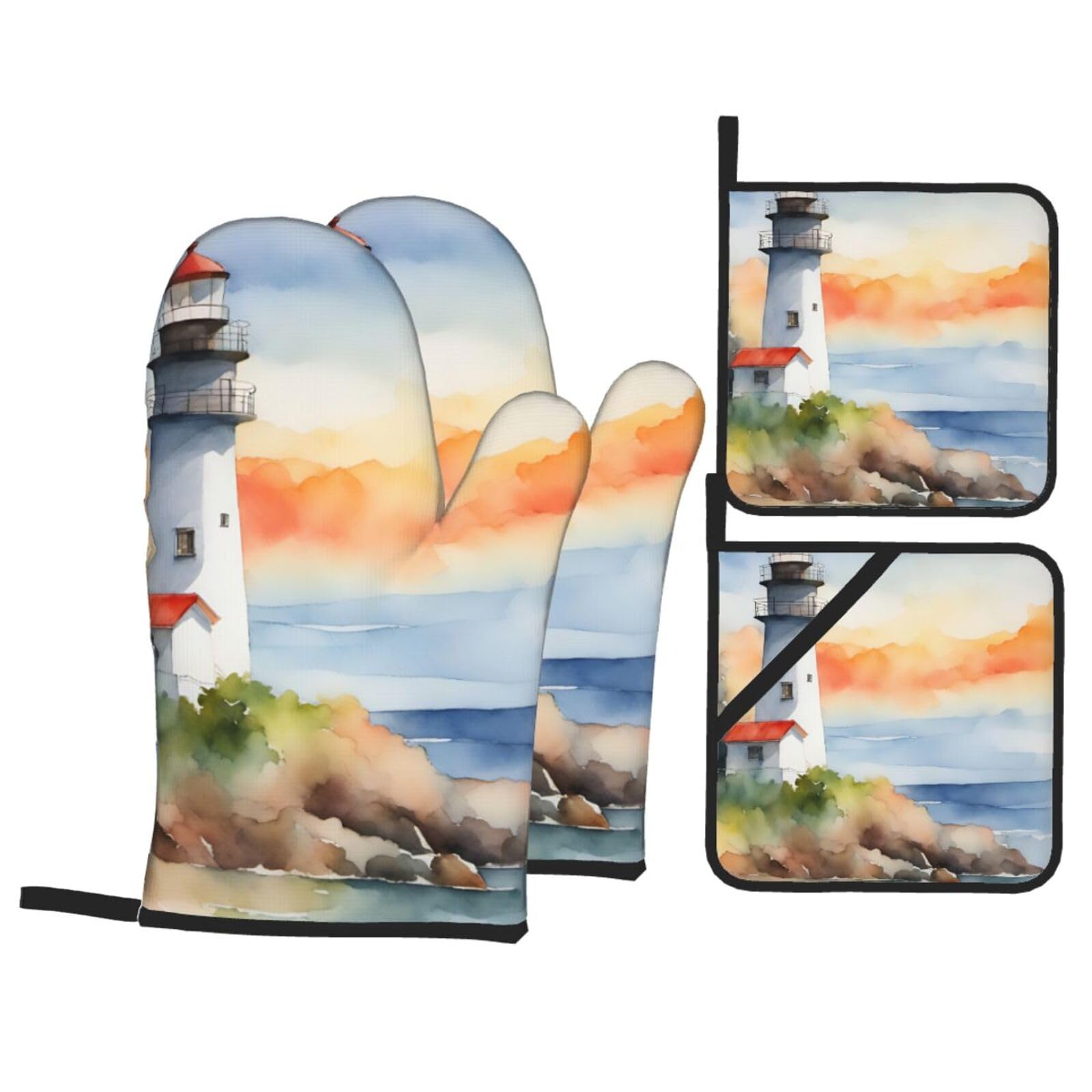 Lighthouse Print 4-Piece Oven Microwaving Set Kitchen Gloves for Holiday Cooking Baking Grilling