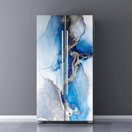 Calcomanía autoadhesiva para refrigerador, diseño de mármol abstracto azul plateado, arte de tinta líquida, mural contemporáneo para puerta,