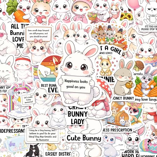 Dodofein Bunny Stickers 50PCS Waterproof Vinyl Rabbit Decals for Water Bottles Laptops Journaling Non-Repeating Decals High-Definition Print Gift for Womens