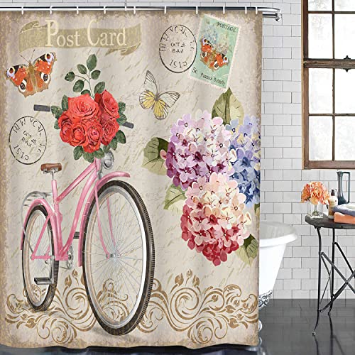 Subwest 4 Pcs Shower Curtain Set Vintage Flowers Bicycle Bike Butterfly Antique Floral Rustic Classic Stamp Rose With Non-Slip Rugs Toilet Lid Cover And Bath Mat Bathroom Decor Set 72 X 72 Inch #TOP1