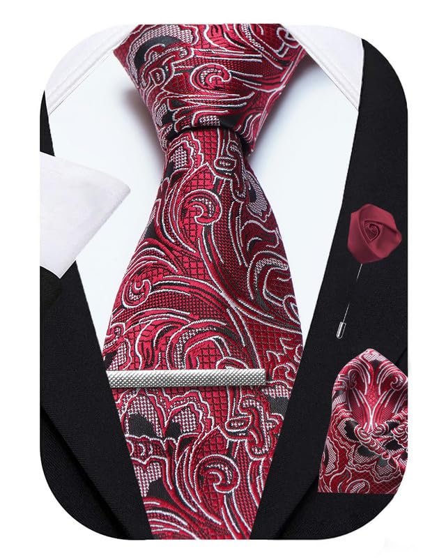 Axlon Tie for Men – Plaid Silk Neck Ties Set with Cufflinks Flower Pin, Pocket Square & Black Gift Box, Combo Necktie Sets for Office Wear, Formal Suits & Weddings (Red, AXFBK9) - Image 3 thumbnail