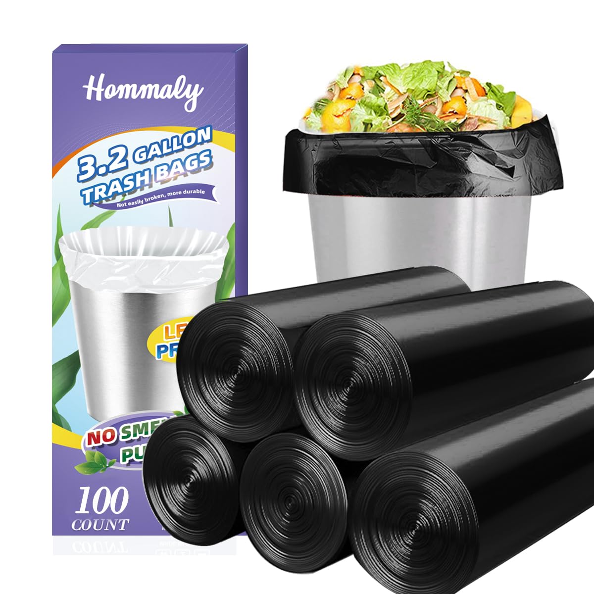 3 Gallon 100pcs Small black Trash Bags(Fit 3-3.2 Gal) Plastic Strong black Garbage Bags,Bathroom Trash Can Bin Liners,Waste Basket Liner,Fit 10-13 Liter, 2.6 Gallon,3 Gallon,3.2Gallon (3-Black100)