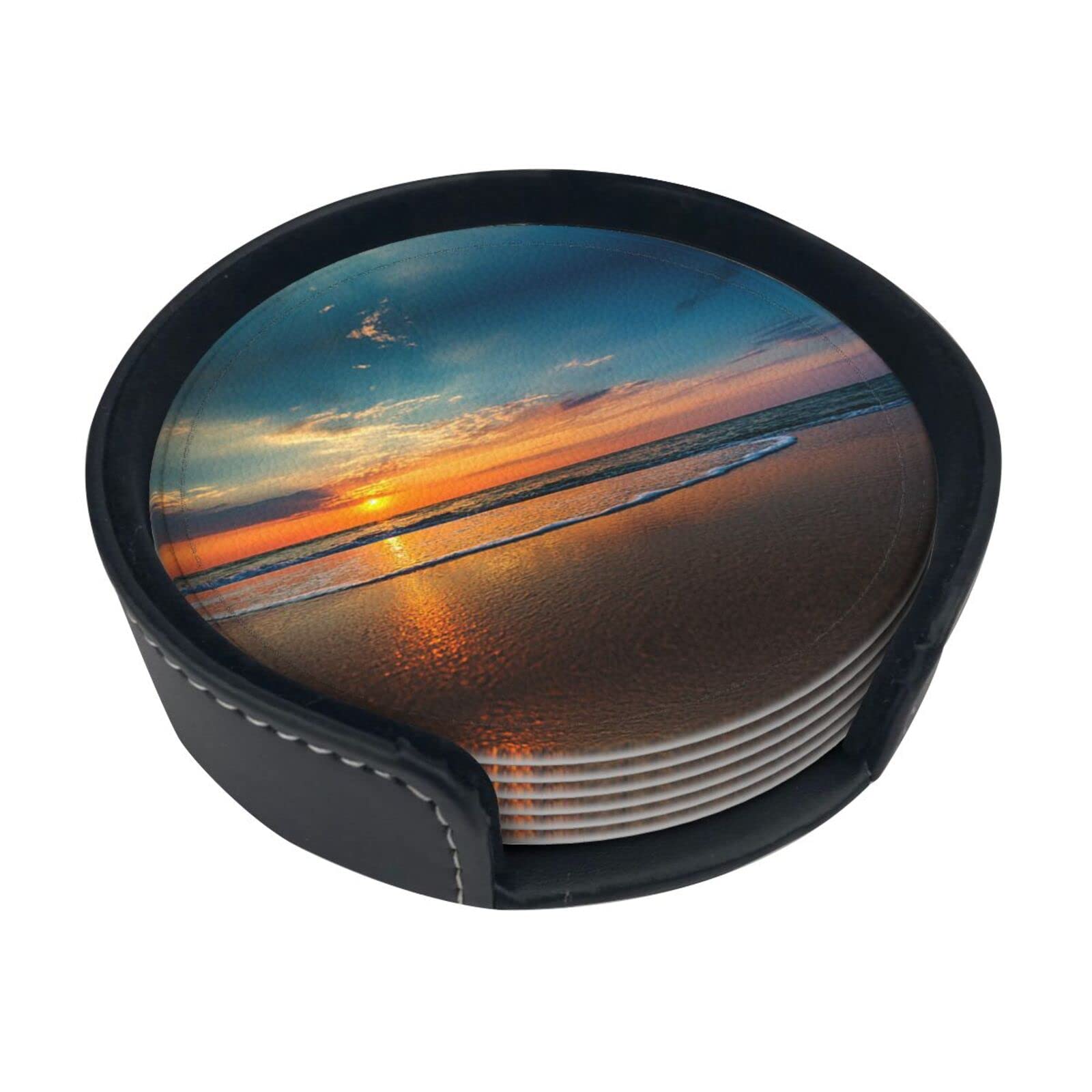 Coasters Set Of 6 Beach Sunset Print Leather Coasters For Drinks,Home Décor And Housewarming Gift
