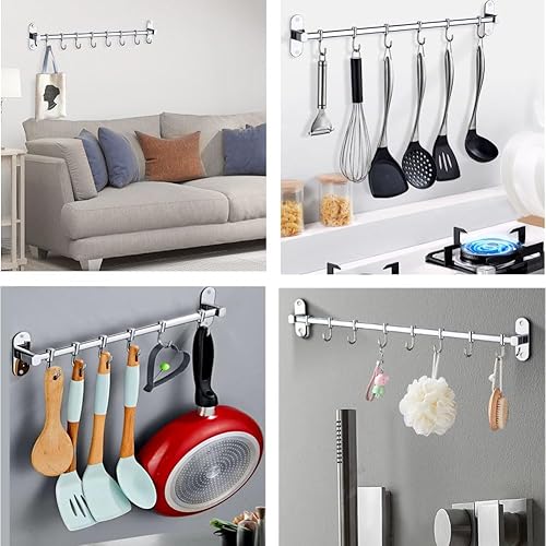 Miniatura 5 de Altomoey Riel de cocina con 8 ganchos, colgador de ollas y sartenes, barra colgante de utensilios de cocina de acero inoxidable de alta calidad de