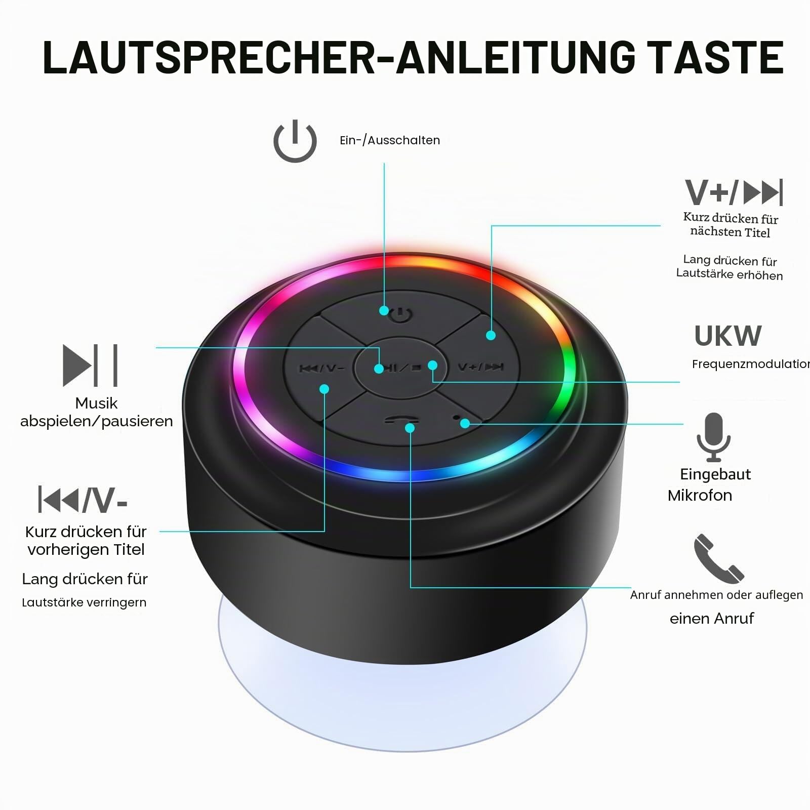 HAISSKY Dusche Bluetooth Lautsprecher,Bluetooth Lautsprecher Wasserdicht Tragbarer kabelloser Outdoor Mit Saugnapf,RGB Lichter, Shower Speaker für iPhone Tablet Strand Camping Geschenke