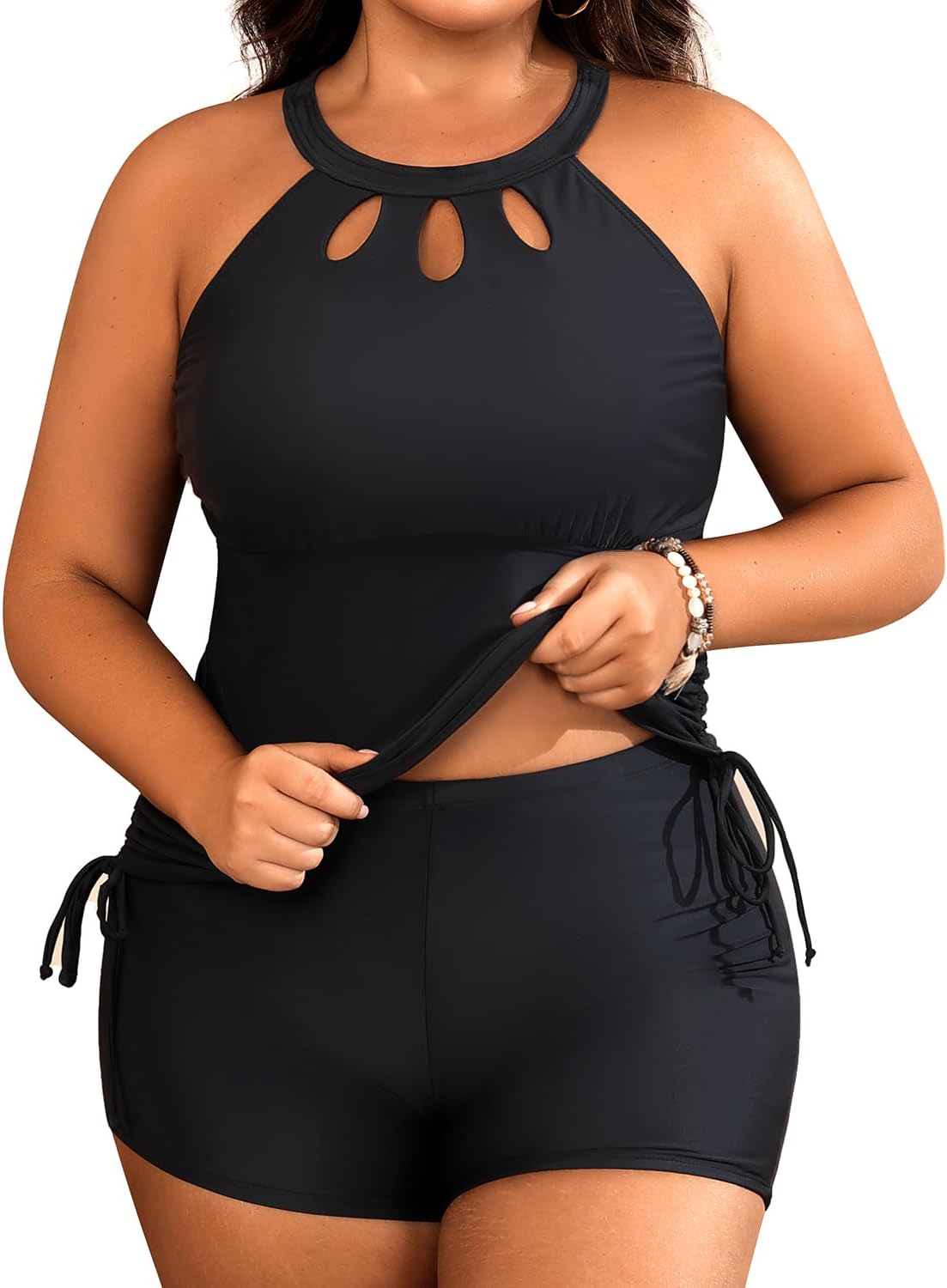Aqua Eve Women Two Piece Plus Size Swimsuit High Neck Tankini Set Tummy Control Bathing Suit with Shorts