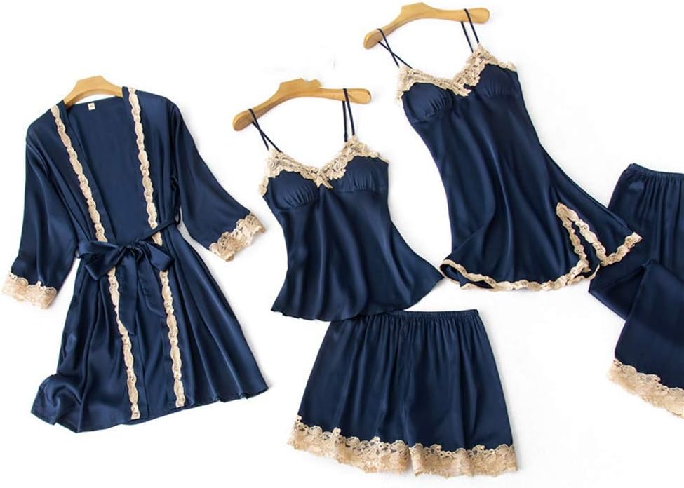 Sexy Womens 5PCS Pajamas Set V-Neck Wear Home Nightwear Lingerie Pijama Spring Nighty Robe Gown Suit Sleepwear
