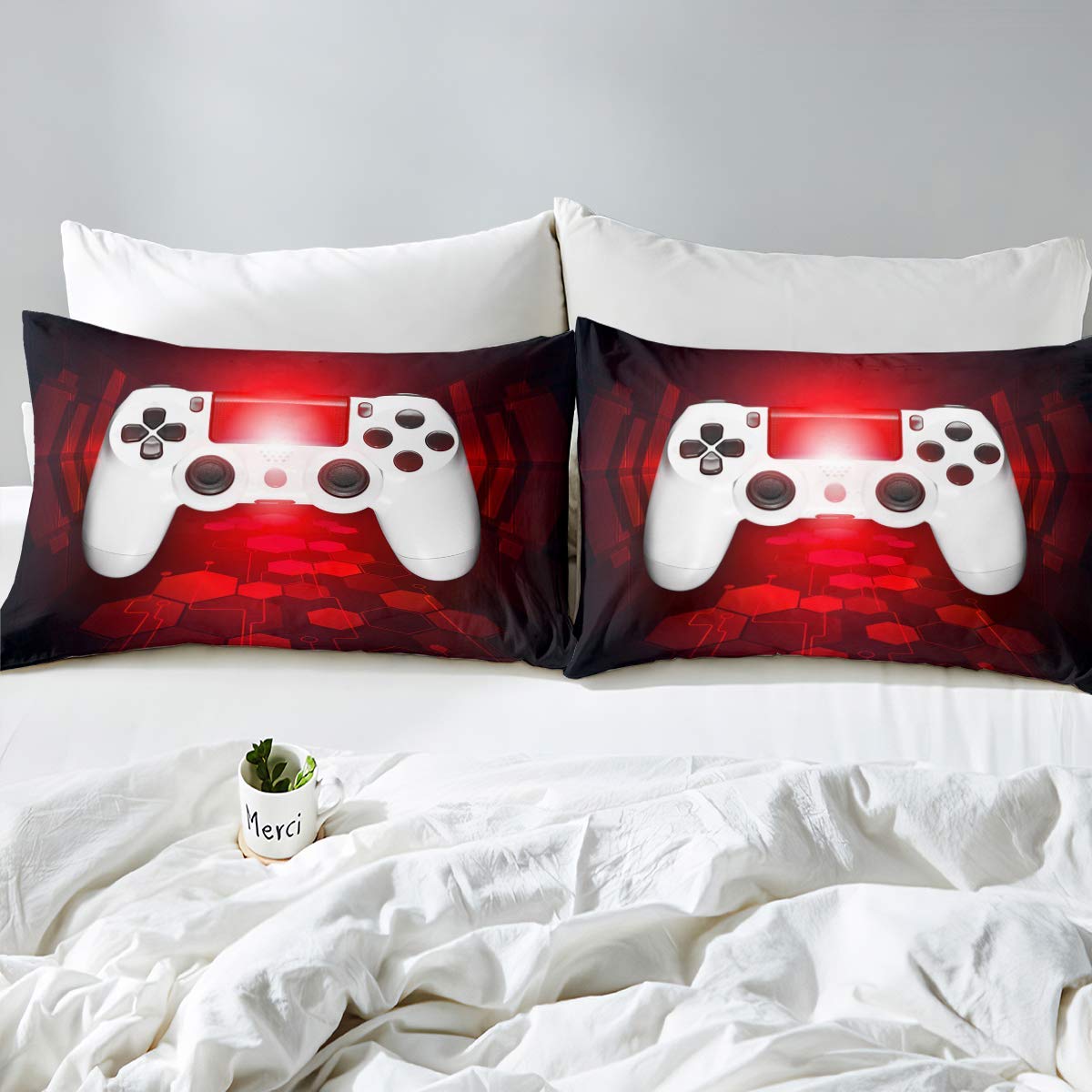 Juego de para niños y Color Rojo y Blanco con Botones de acción para Videojuegos, Juego de Cama para niñas, Juego de Cama Doble
