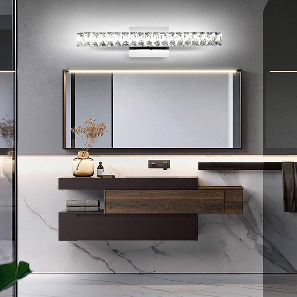 Moderne luci da toeletta in cristallo, apparecchi di illuminazione per il bagno sopra lo specchio, luce a parete a striscia lunga a LED, lampada da parete per interni girevole a 180°