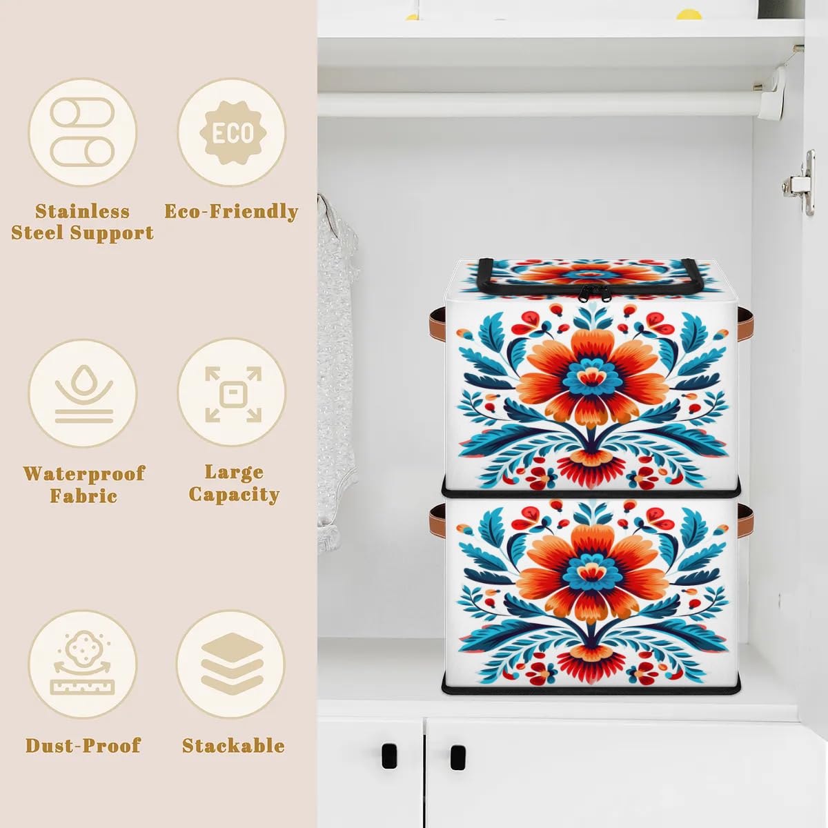 Snatocys Fabric Clothes Storage Bins with Lid, Abstract Bohemian Flowers Foldable Storage Boxes with Zipper Collapsible Cube Clothing Storage Bag Closet Clothes Organizer, Cute Floral