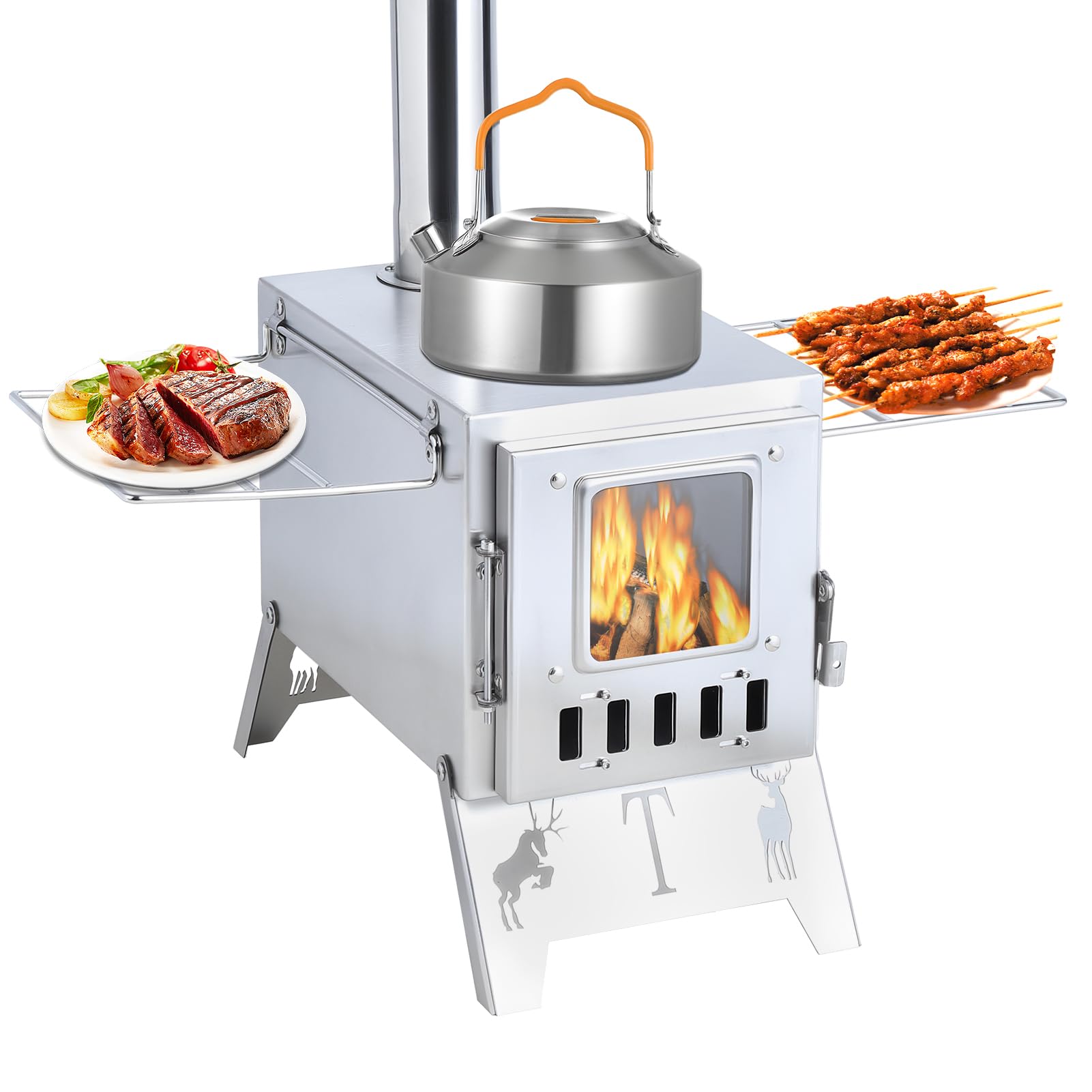 Kiuaso Portable Wood Burning Tent Stove, Foldable Camping Wood Stove with 5 Chimney Pipes, for Outdoor Heating Cooking Backpacking (White)