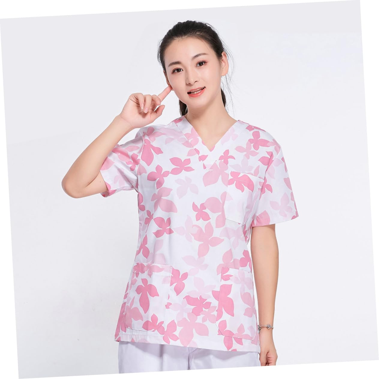 SHERCHPRY Uniforme da Lavoro Donna in Cotone Rosa, Completo Allattamento Scollo a V, Traspirante e Comodo, Set Due Pezzi per Clinica e Ospedale