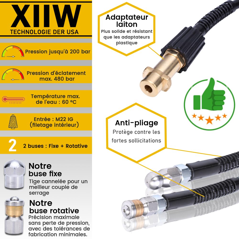 XIIW Tuyau Déboucheur Canalisation 30m 240bar Compatible avec Kärcher K2-K7 | avec M22 Adaptateur, Buses Rotatives et Fixes, Tuyaux pour nettoyeurs haute pression, Kit Furet Pro Deboucheur Canalisation