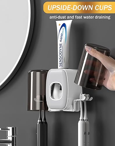 Miniatura 6 de WAYCOM Dispensador de pasta de dientes, accesorios de baño, 2 tazas soporte para cepillo de dientes montado en la pared, decoración de baño para