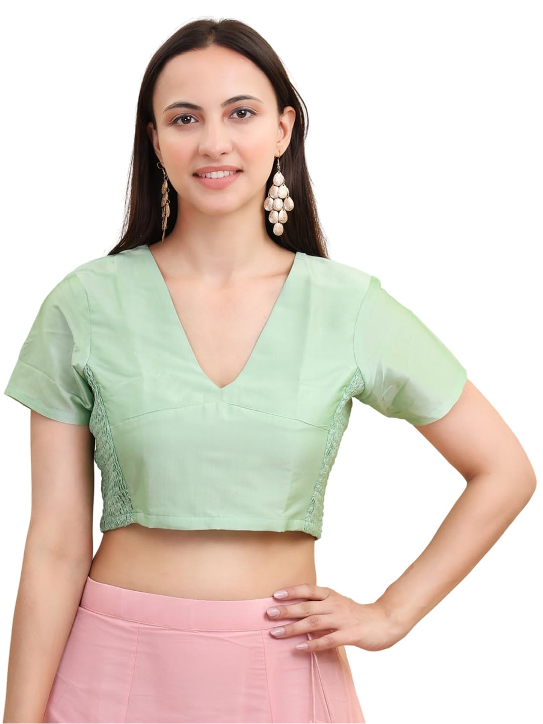 Frolic Rolic Solid Pista Green Silk Blend Smoking Detail Short Sleeves Blouse-image-11