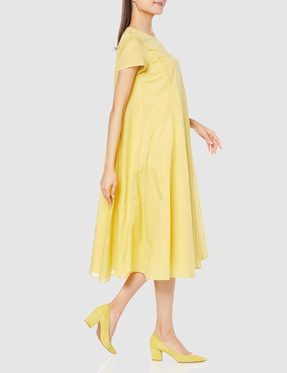 レリアン 長袖 フレアロングワンピース ラウンドネック ツイード