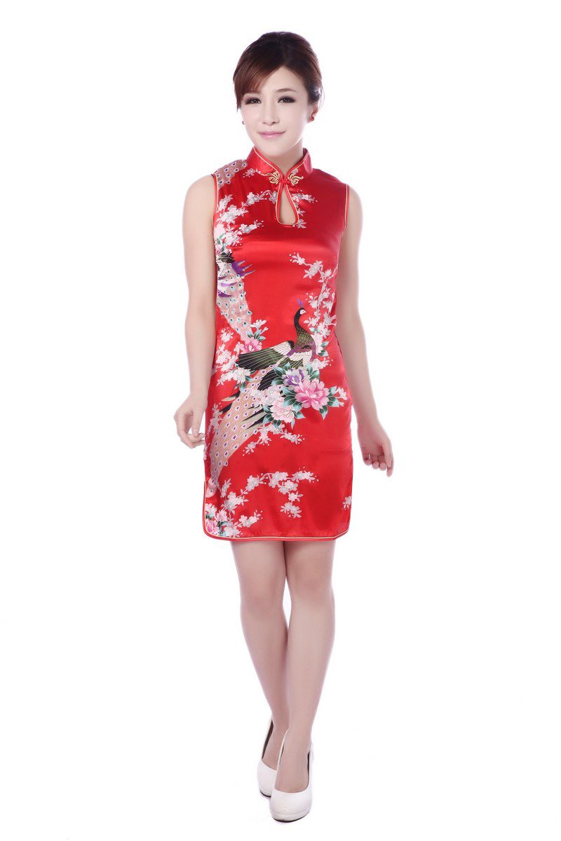 JTC Chic Peacock Flower Cheongsam Chinese Short Dress Women's Silk Qipao (UK10, Red)