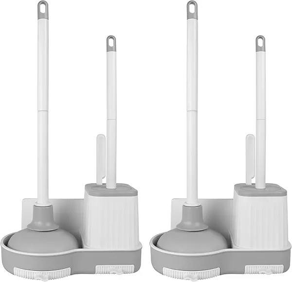 Silkyhose 2 Pack Toilet Brush and Plunger Set, 3 in 1 Toilet Bowl Brush and Holder with Crevice Cleaning Brush Wall Mounted Household Bathroom Cleaning Tools Combo(2)