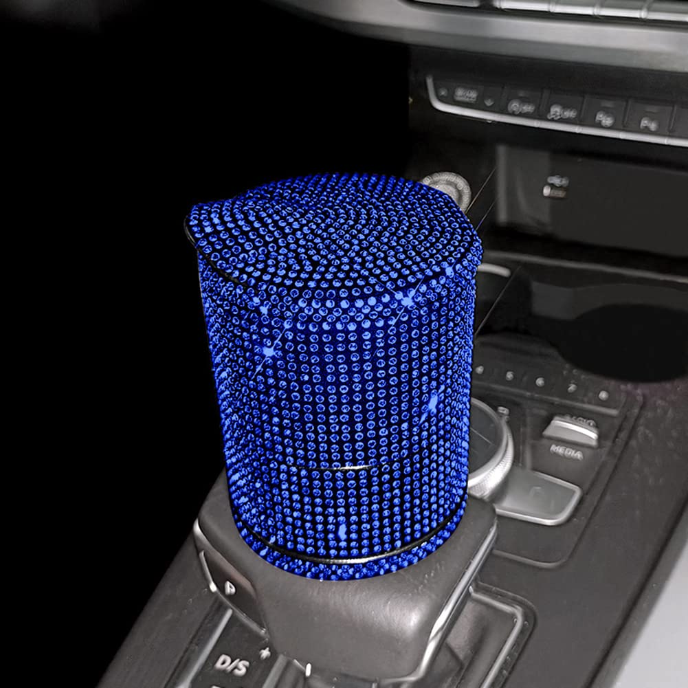 Surakey Bling Crystal Car Ashtray Cigarettes with Blue Rhinestones Auto Vehicle Air Vent Ash Holder Container for Women Car Trash Can with LED Light — Size:9cmx6.5cmx6.5cm