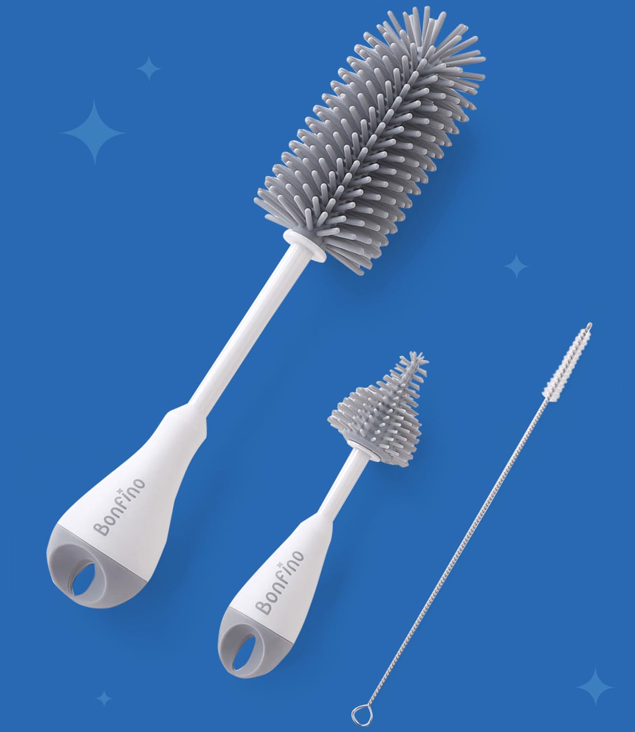 Bonfino Premium Baby Bottle & Nipple Cleaning Brushes Set of 3 for Bottles, Sippers, Teats, Straw, Straw Cleaning Brush, Silicone Bristles, BPA Free, Ergonomic Handle, 360° rotatable Handle, Grey-image-23