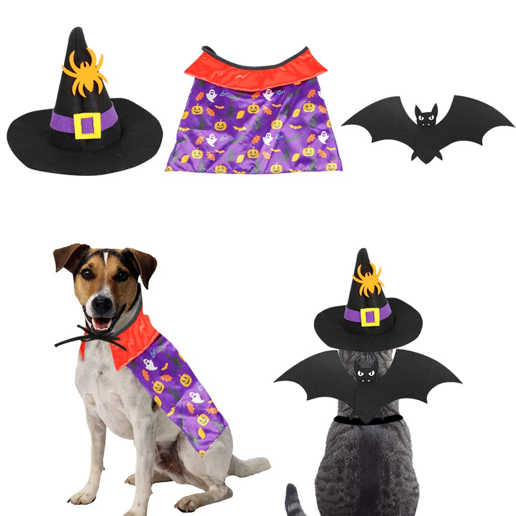 IFOYO 3 Pieces Halloween Pet Costume,Witch Black Cap,Pet Pattern Cloak, Bat Wings for Pet Dog Cat Cosplay Holiday Halloween Party Decor(Purple)
