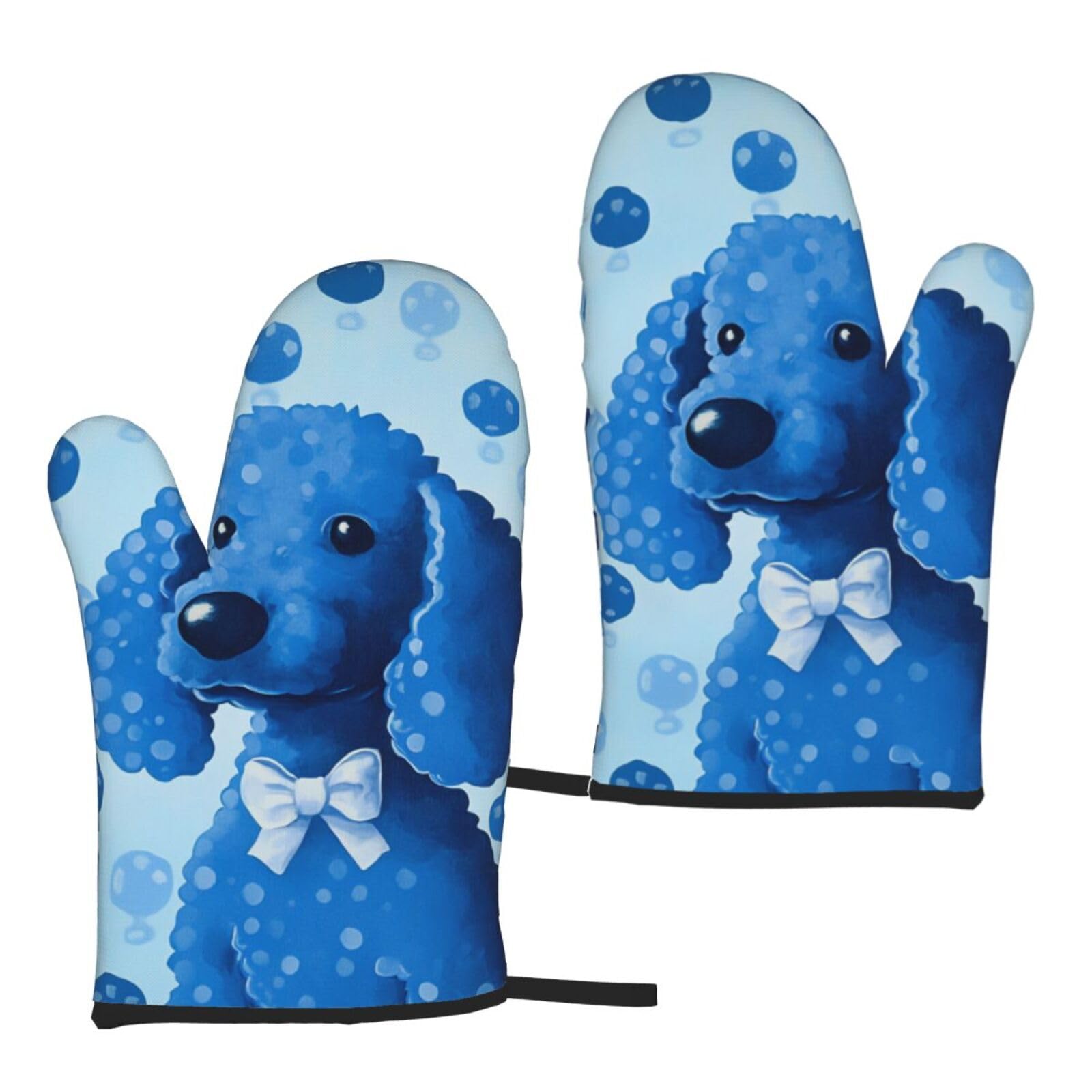 Blue Poodle Polka Dot Printed Oven Mitts Sets 2 PCS Heat Resistant and Non-Slip Glove Potholder for Kitchen Cooking Baking Grilling