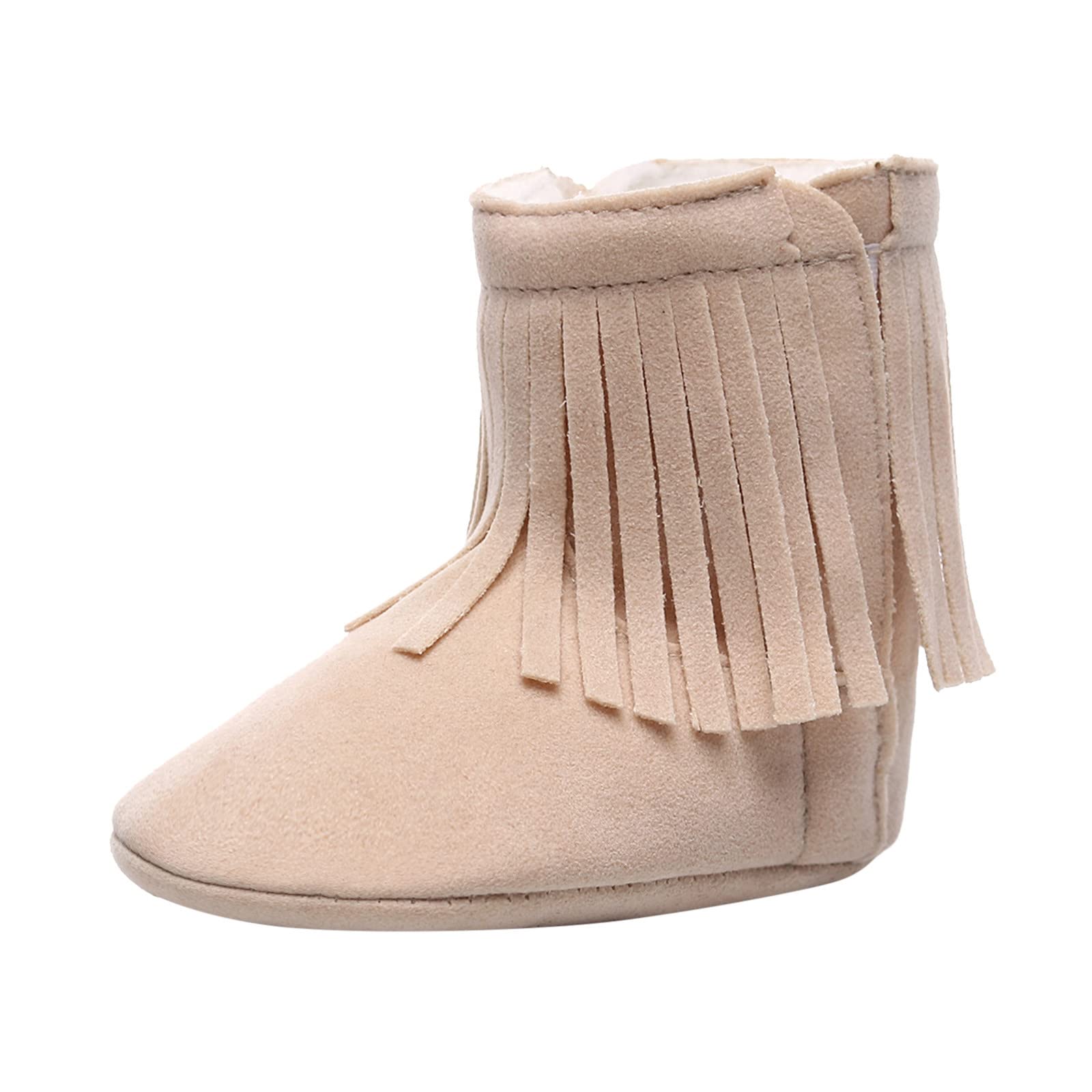 Toddler Girls Snow Boots Kids Soft Warm Cozy Winter Shoes Tassels Plush Furry Lined Boots Baby Anti-Slip Winter Boots (Beige, 0-6 Months)