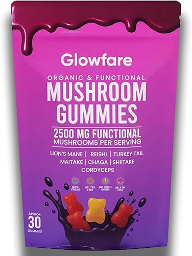 Gomitas de hongos que estimulan el cerebro Glowfare, cola de pavo, maitake, reishi, chaga, shiitake y cordyceps - Suplemento de hongos - Aumenta el