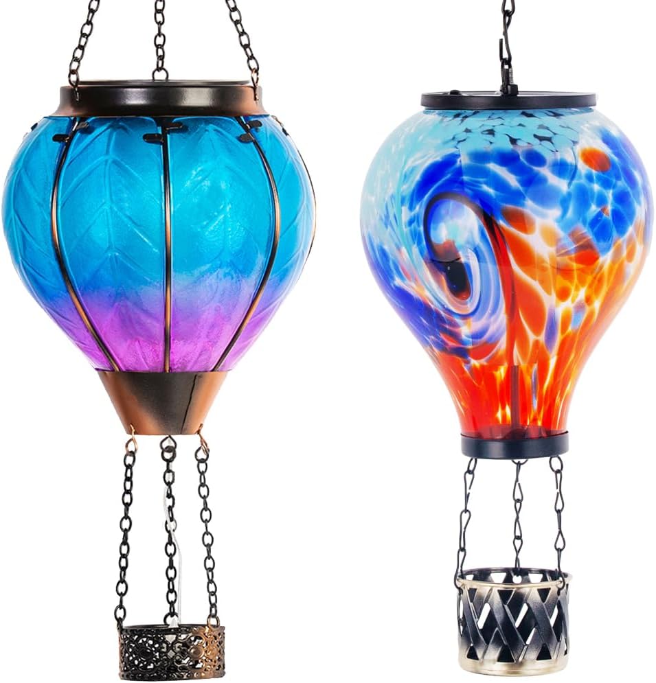 Starsoul 2PCS Hot Air Balloon Solar Lantern Glass Outdoor Hot Air Balloon Solar Flickering Flame Light Waterproof Hanging Solar Lantern Garden Decor for Garden Yard Patio Decor