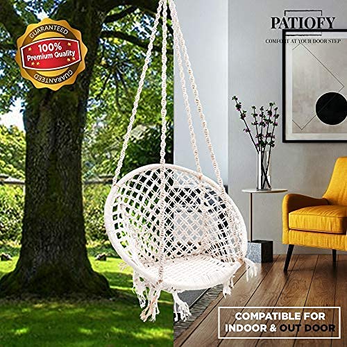 Image of Patiofy Made in India Large Size Swing Chair /with Free Complete Hanging Kit Hanging Chair Handmade 100% Cotton for Comfort Indoor & Outdoor /Swings for Home, Garden (120 Kg Capacity /White in Color)