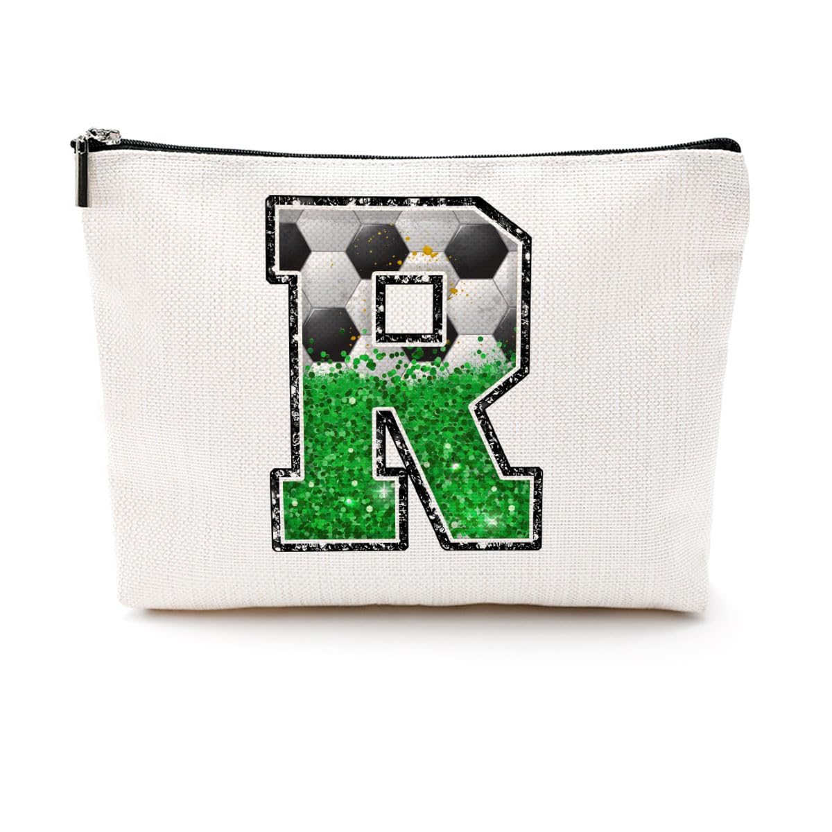 CQM Soccer Gifts Initial Makeup Bag Monogrammed Cosmetic Bag Letter R Zipper Pouch Soccer Accessories for Girls Women Player Coaches Friend Graduation