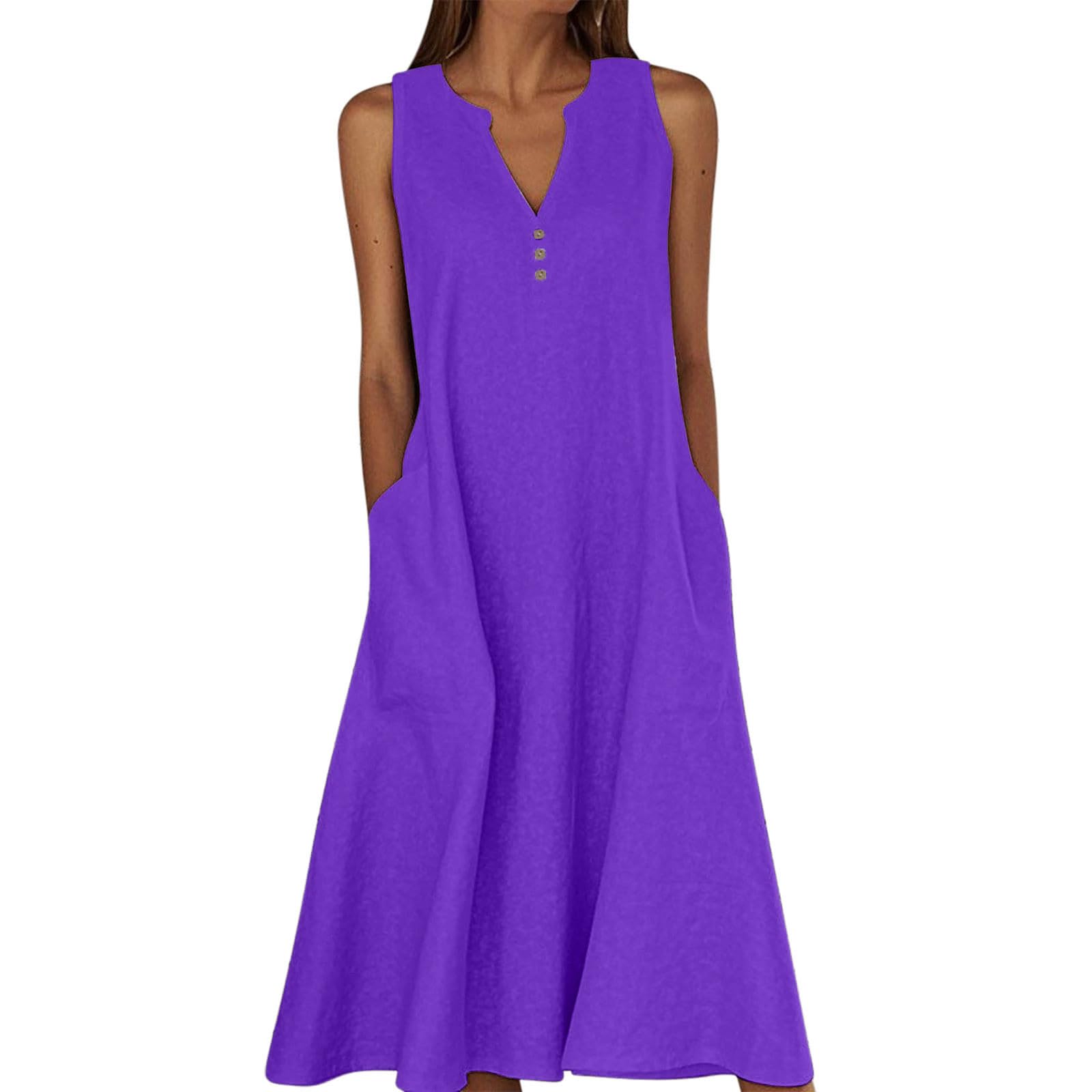 Sommerkleid Damen Lang,Ärmellose Maxikleid V-Ausschnitt Tankkleid Strandkleider Hohe Taille Lange Lockere Knielang Kleid Elastischer Taille Basic Solide Freizeitkleid T Shirt Tunikakleid mit Taschen