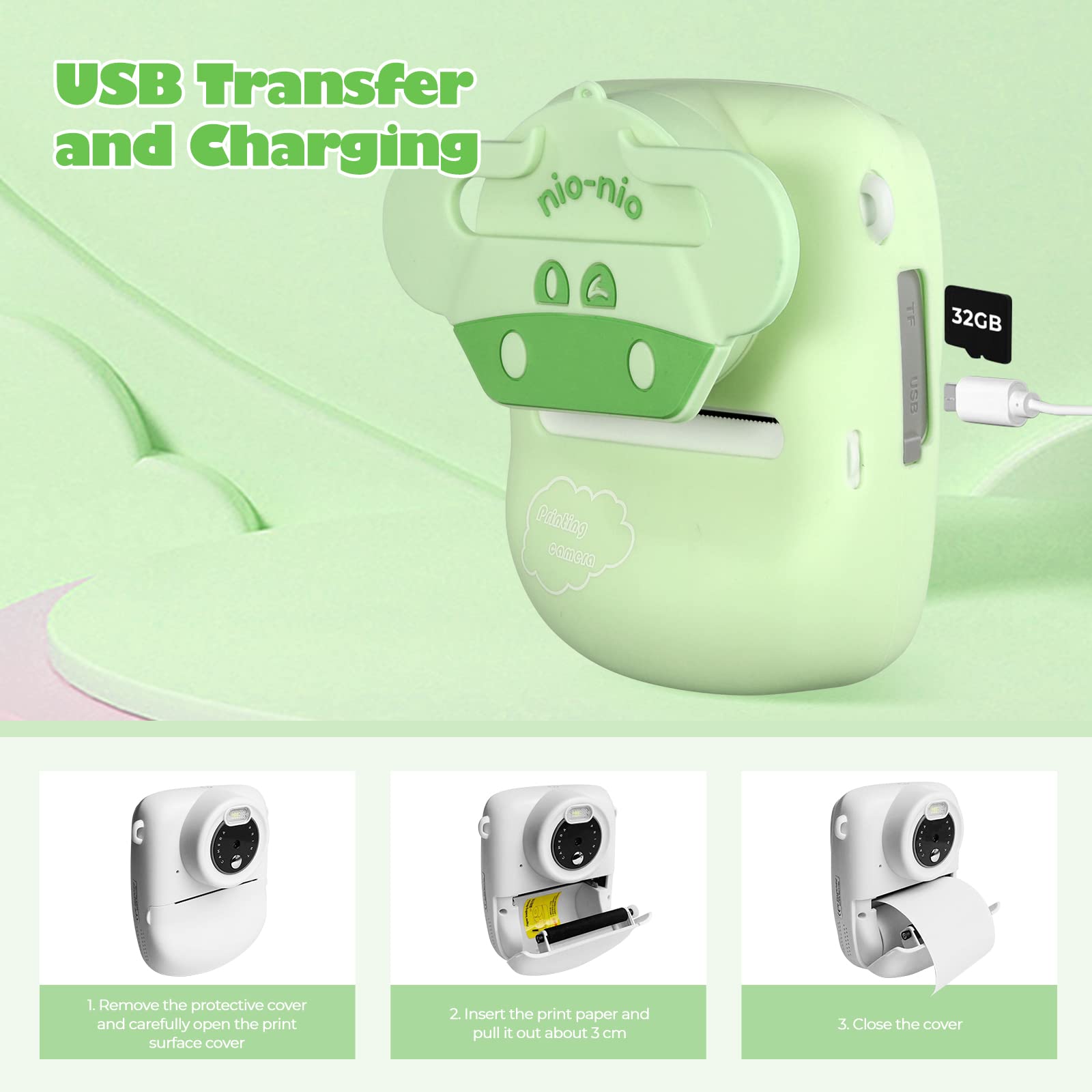 Cámara Infantil, 30 MP, cámara instantánea para niños, impresión en Blanco y Negro, Foto con Pantalla de 1080P de 2,4 Pulgadas, cámara Digital para niños con Tarjeta TF de 32 G, Doble cámara, Verde