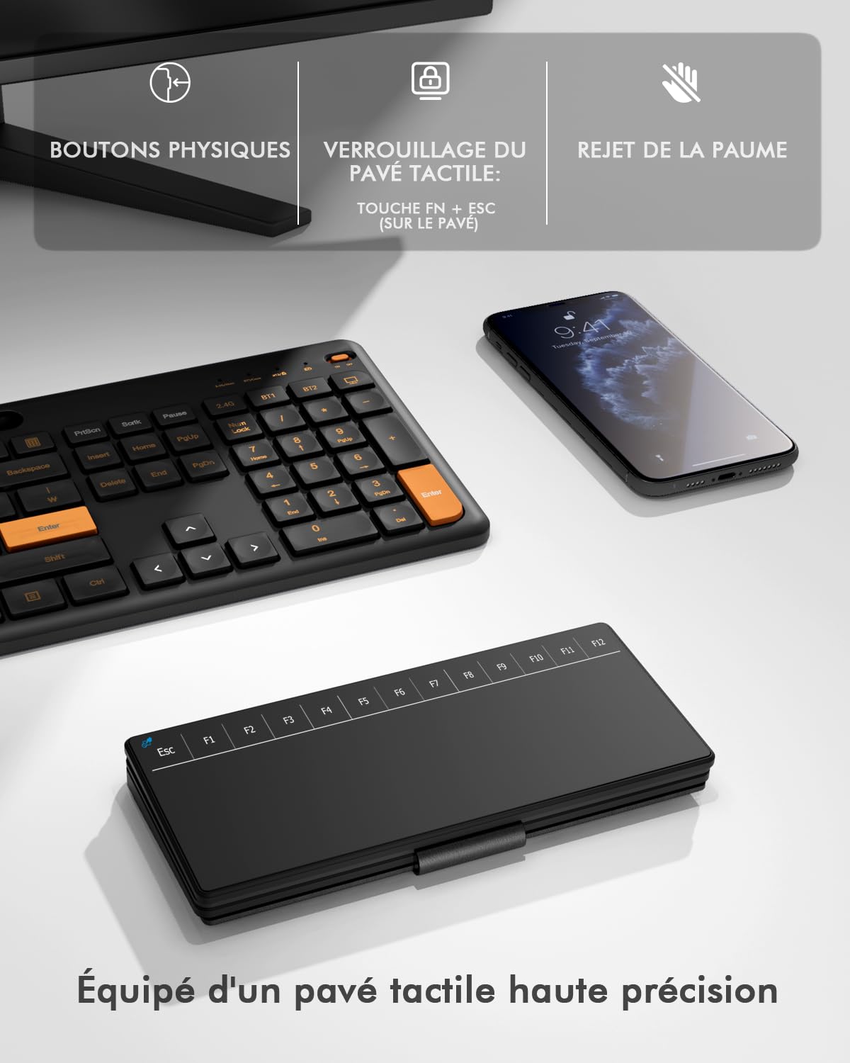 Doohoeek Clavier Mini sans Fil avec Pavé Tactile, Pliable, Double Bluetooth avec Support pour iPhone, iPad Mini, Samsung Z Fold – Compatible iOS, Android, Windows – Orange & Noir