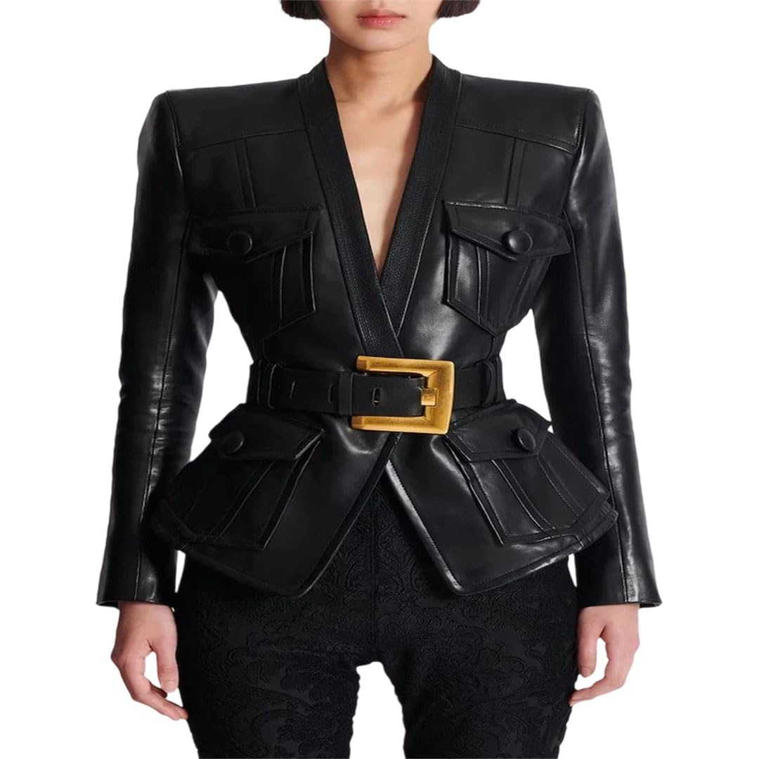 Womens V-Neck Patch Pocket Blazer Slim Fit Button Front Work Jacket