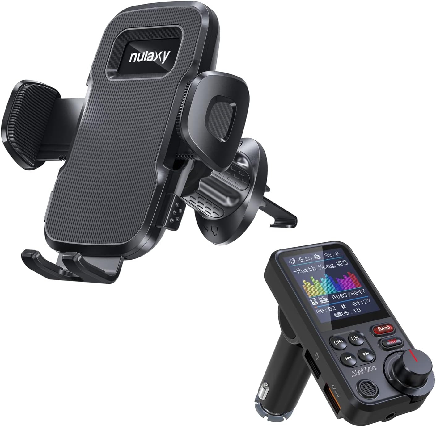 Nulaxy KM30 FM Bluetooth Transmitter for car, Strong Microphone Bluetooth Car Adapter with 1.8" Color Screen for Hands Free Calls & Nulaxy 2022 Upgraded Vent Friendly Car Phone Holder Mount : Electronics