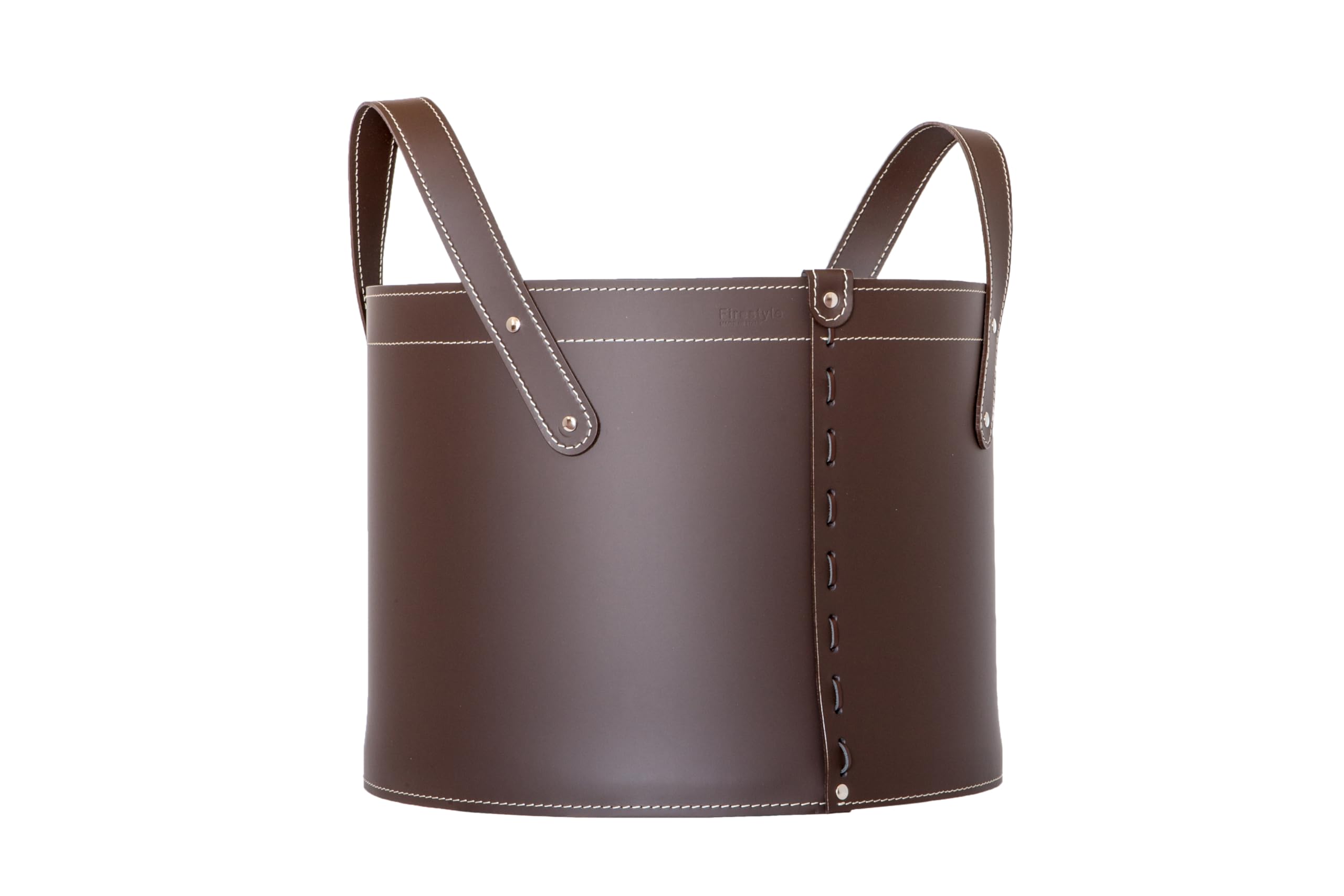 LIMAC Design TONDA portalegna in cuoio per caminetti e stufe, borsa porta legna da ardere da interno, con comode maniglie e ruote gommate, prodotto in Italia. Marrone Scuro