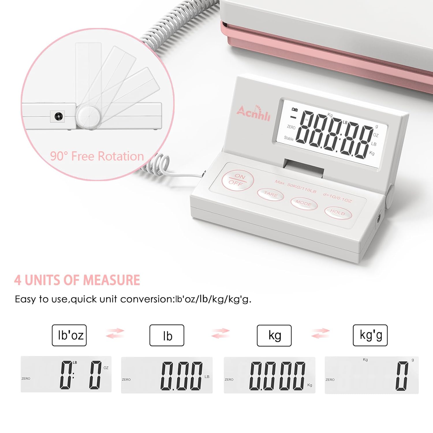 Postal Scales for Shipping, 110LB(50KG) Scale for Package, Three Functions: Tare,Mode and Hold, Individual Flexible Panel,with Manual and Adapter