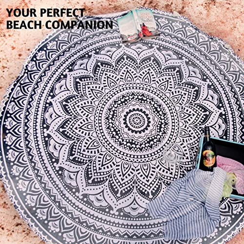 Indie Pop Mandala Round Tapestry Or Beach Blanket - Hippie Indian Bohemian Mandala Blanket Or Towel - Round Boho Tablecloth, Meditation Rug Or Wall Hanging, Circle Yoga Mat - 72-Inches, Black / Grey #TOP6
