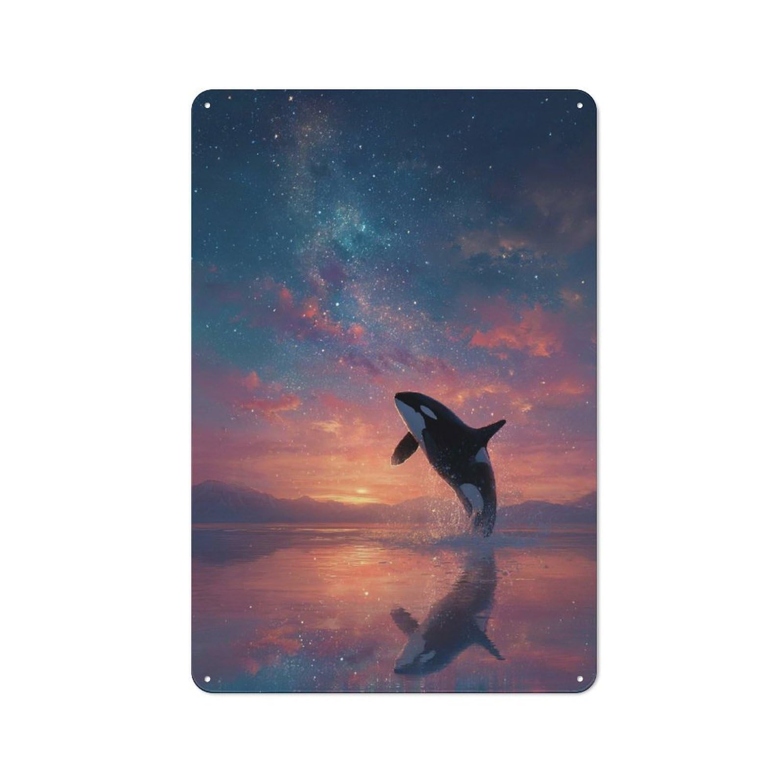 Junmoney Style-9 Industrial Metal Sign With Orca Breaching At Sunset Under Stars Design 30X20cm, Clean Industrial Urban Room Decor For Flat, Bar, Studio Or Gallery Wall