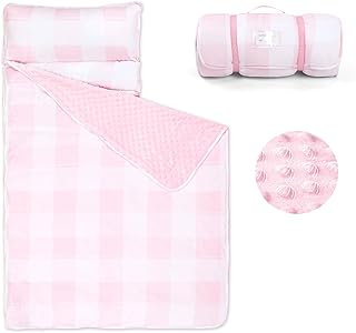 DILIMI Toddler Nap Mat, Toddler Sleeping Bag with Removable Pillow and Blanket 55 '' x 20'', Kids Nap Mat for Preschool Daycare, Pink Checkered