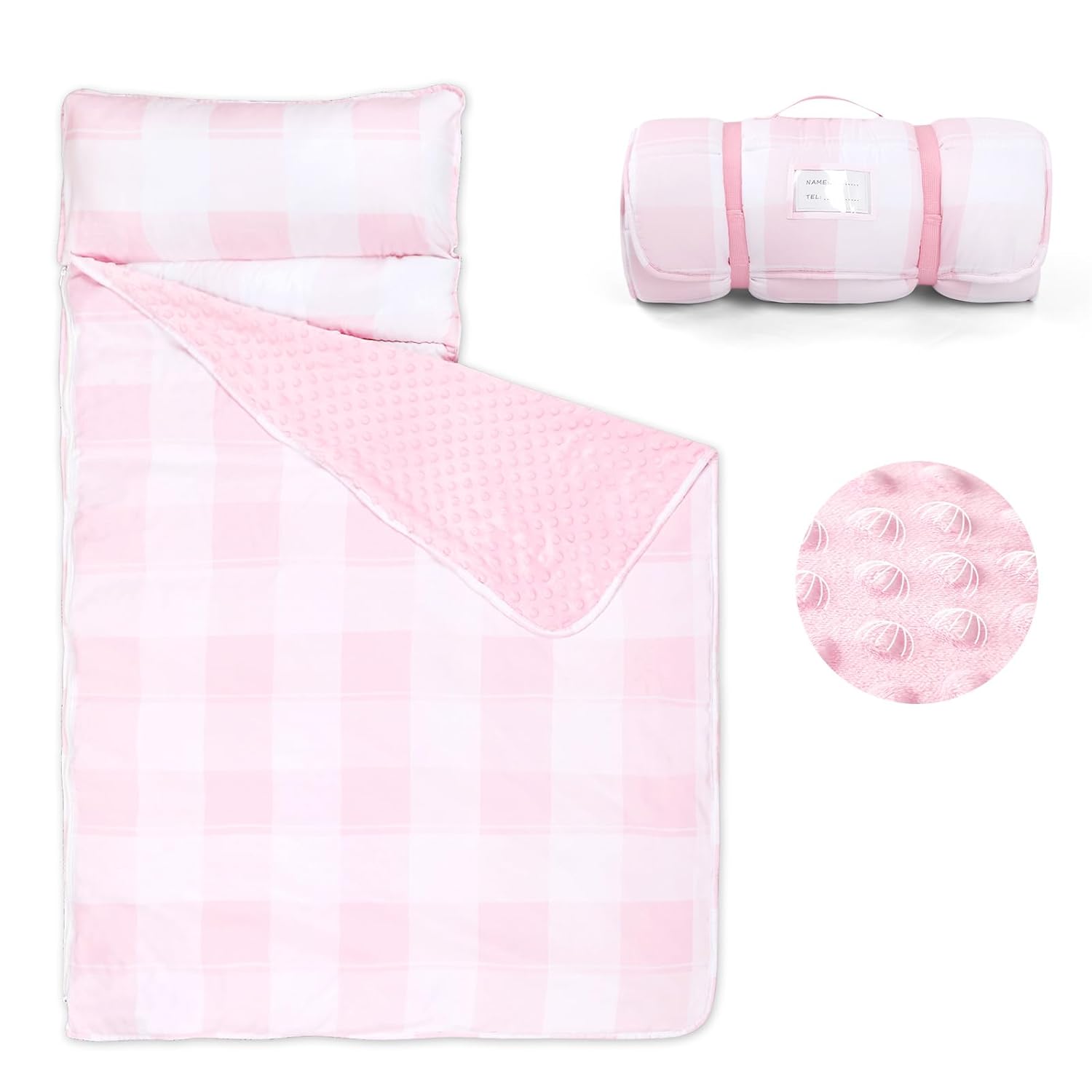 DILIMI Toddler Nap Mat, Toddler Sleeping Bag with Removable Pillow and Blanket 55 '' x 20'', Kids Nap Mat for Preschool Daycare, Pink Checkered