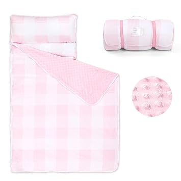 DILIMI Toddler Nap Mat, Toddler Sleeping Bag with Removable Pillow and Blanket 55 x 20, Kids Nap Mat for Preschool Daycare, Pink Checkered