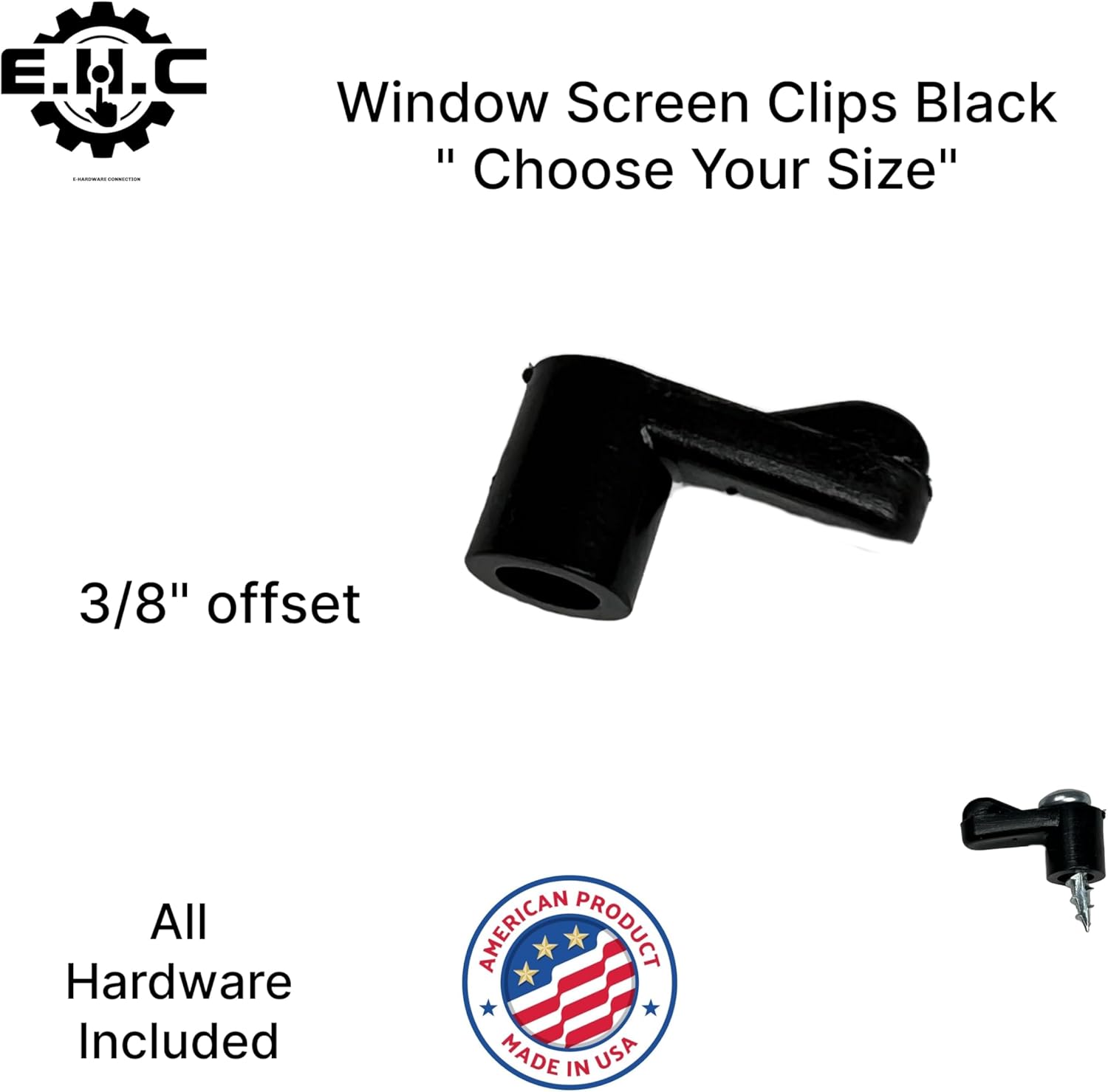 Window Screen Clips "Black” Plastic (Choose Your Size! /Size Run Flush up to 1-3/16” Offset) New or Replacement (10 Pack with All Needed Hardware Included) by E.H.C. (3/8" Offset)