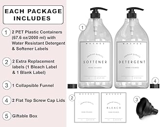 Liquid Laundry Detergent Dispenser Set - Laundry Detergent Holder & Softener Dispenser (67.6 oz) - 2 Thick Plastic Liquid Dispensers for Laundry Organization with Pumps, Caps, Labels -