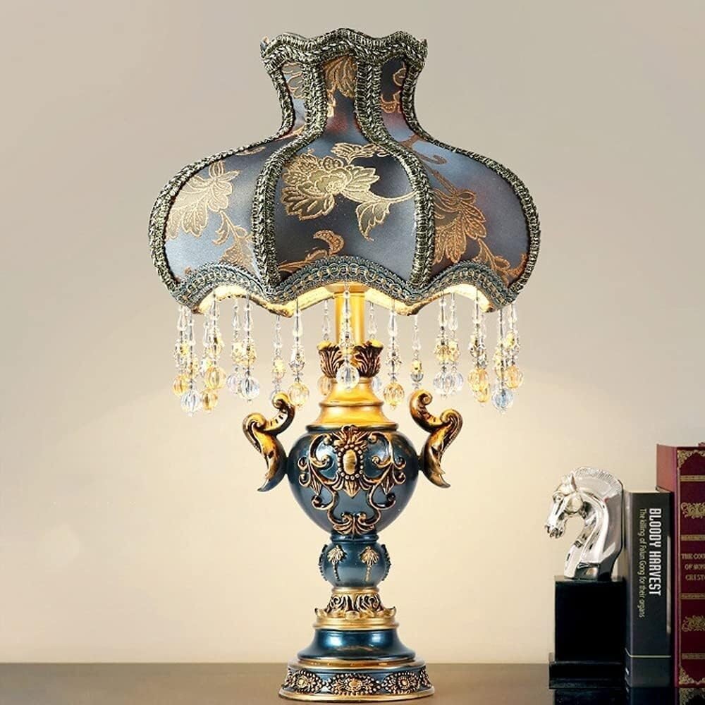 Lampada da tavolo moderna di metà secolo – Lampada da comodino in resina dipinta antica con paralume in tessuto di pizzo per soggiorno, camera da letto, studio o comodino